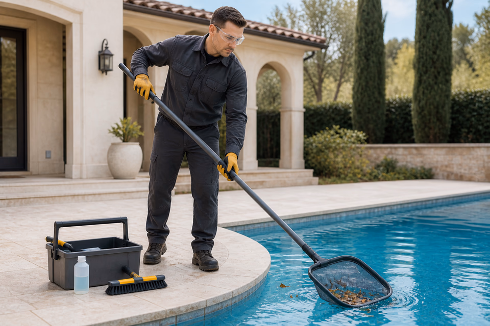 Pool-care technician skimming leaves from a clear residential pool.