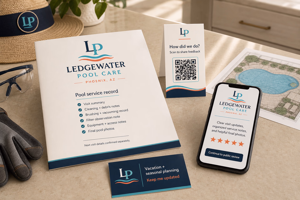 Ledgewater Pool Care retention system showing the customer journey and the team's next action