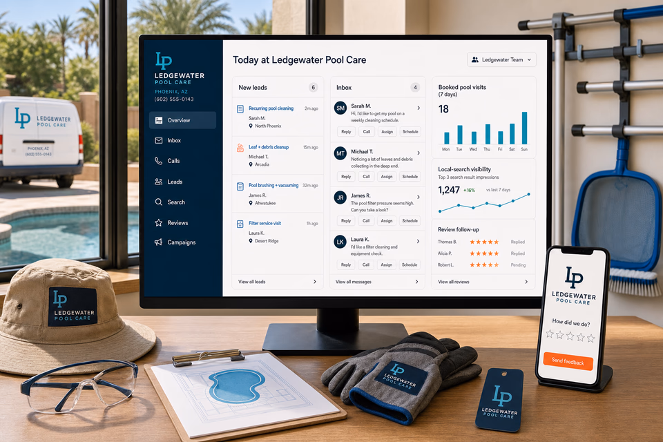 Ledgewater Pool Care operations dashboard with current leads, scheduling, service activity, local visibility, and customer reviews
