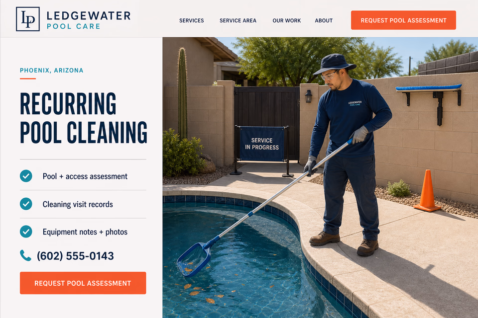Ledgewater Pool Care customer-facing service page with clear local service details, proof, and a direct request path