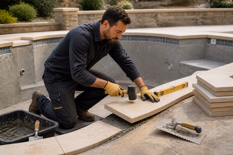 Pool builder sets cream stone coping along the edge of an unfinished pool shell.