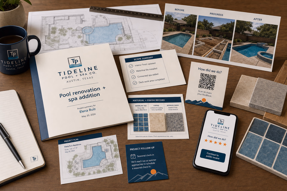 Tideline Pool + Spa Co. retention system showing the customer journey and the team's next action