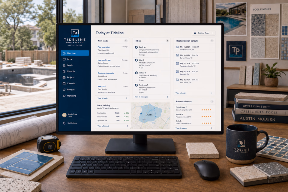 Tideline Pool + Spa Co. operations dashboard with current leads, scheduling, service activity, local visibility, and customer reviews