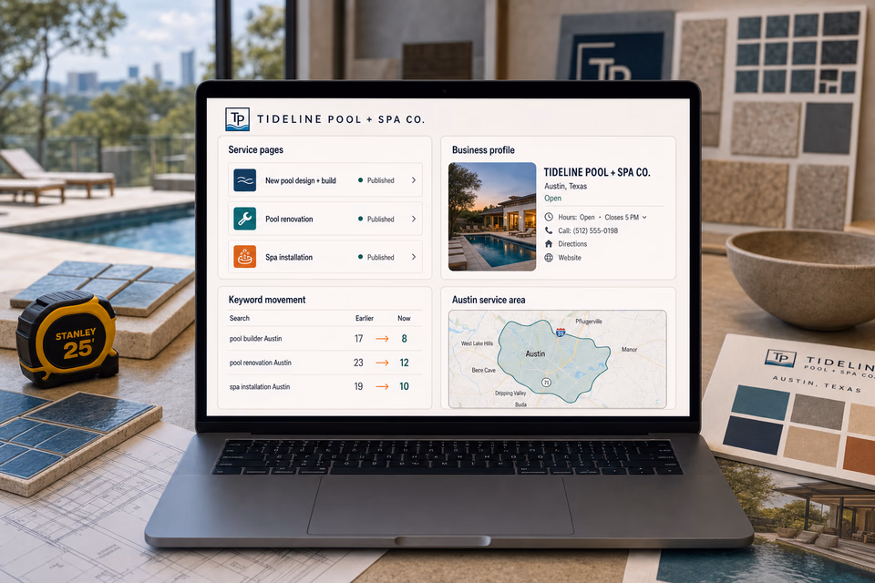Tideline Pool + Spa Co. visibility system showing the customer journey and the team's next action