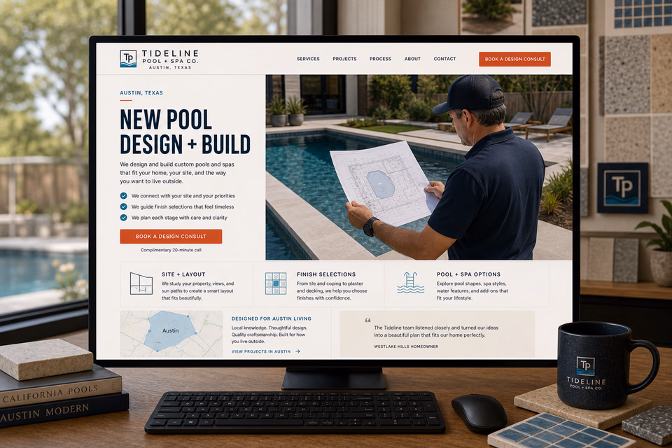 Tideline Pool + Spa Co. customer-facing service page with clear local service details, proof, and a direct request path