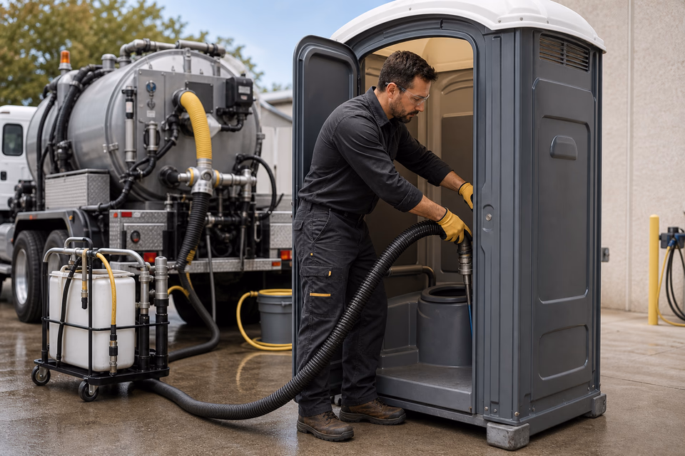Portable-sanitation technician servicing a clean restroom unit with a vacuum hose.