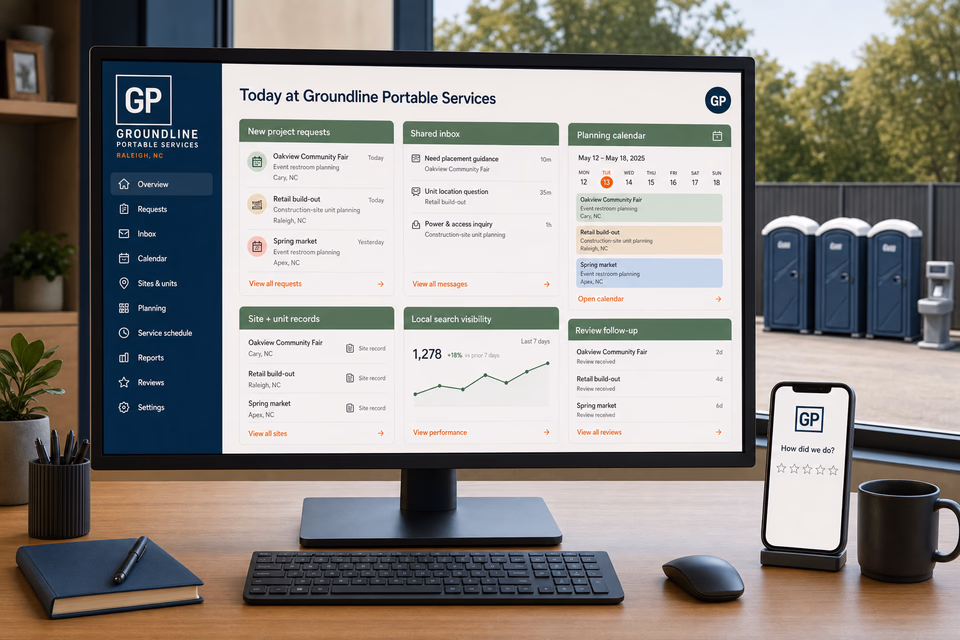 Groundline Portable Services operations dashboard with current leads, scheduling, service activity, local visibility, and customer reviews