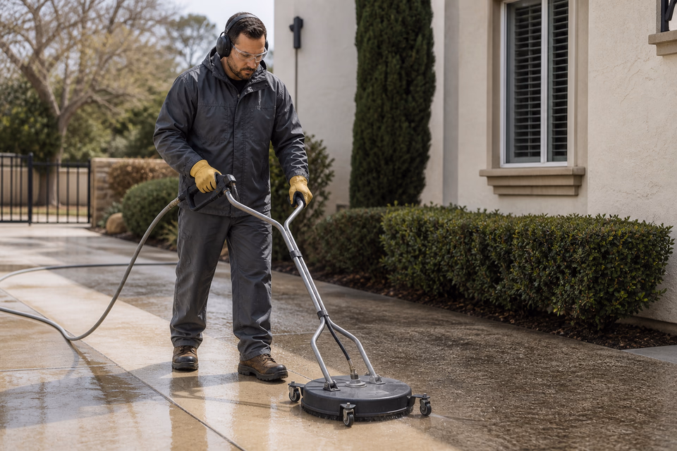 Pressure-washing professional cleaning a concrete driveway with a surface cleaner.