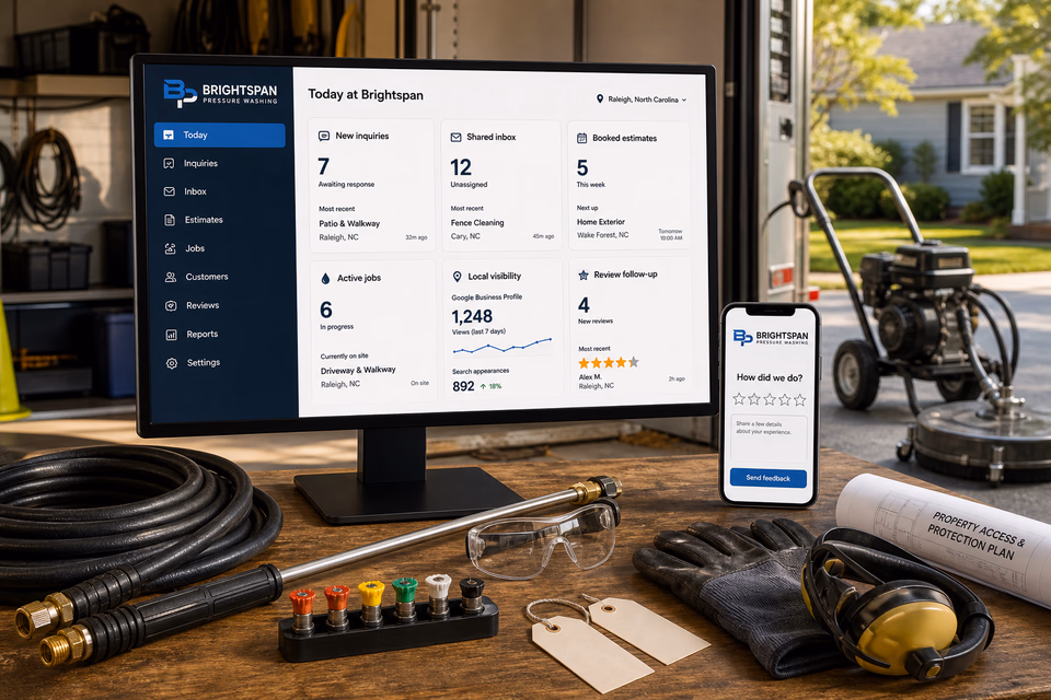 Brightspan Pressure Washing operations dashboard with current leads, scheduling, service activity, local visibility, and customer reviews