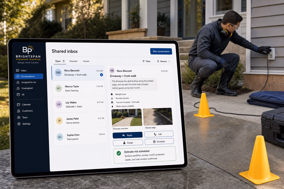 Brightspan Pressure Washing response system showing the customer journey and the team's next action