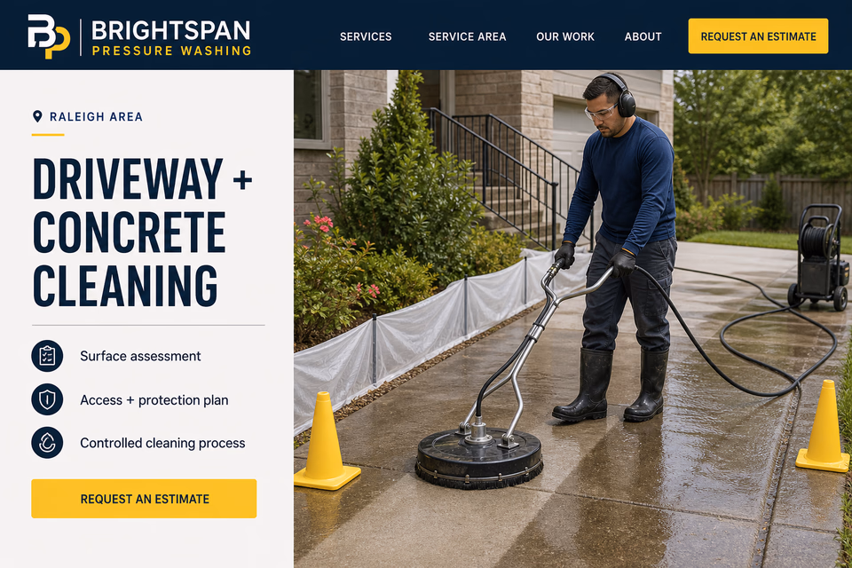 Brightspan Pressure Washing customer-facing service page with clear local service details, proof, and a direct request path