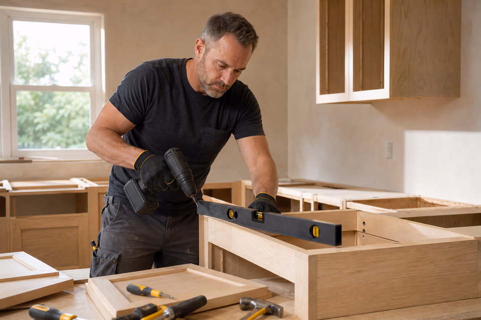 Remodeling contractor aligning a pale wood cabinet frame with a level during a kitchen renovation