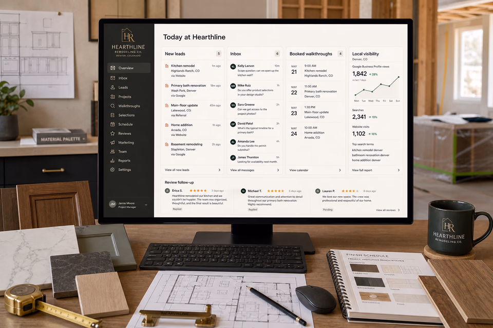 Hearthline Remodeling Co. operations dashboard with current leads, scheduling, service activity, local visibility, and customer reviews