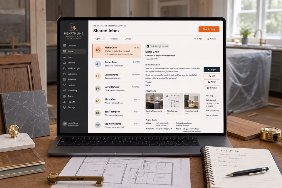 Hearthline Remodeling Co. response system showing the customer journey and the team's next action