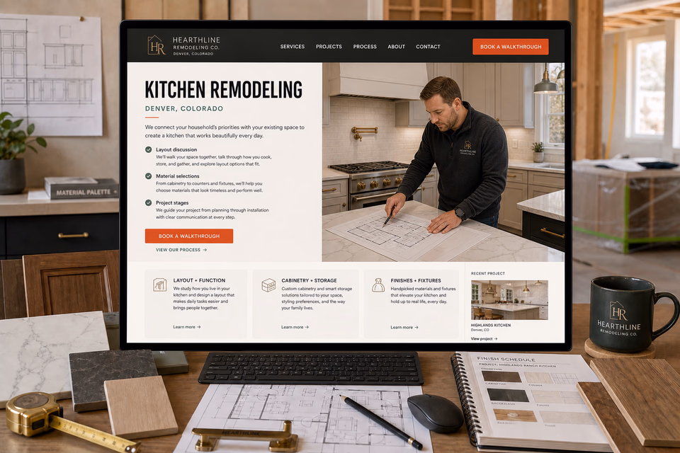 Hearthline Remodeling Co. customer-facing service page with clear local service details, proof, and a direct request path