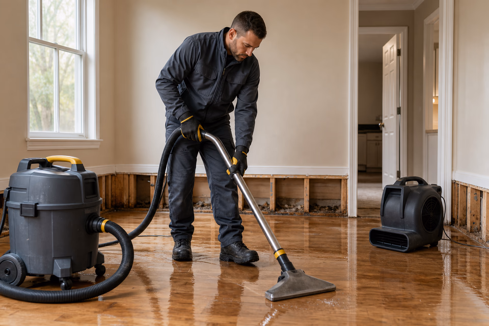 Restoration technician extracting standing water beside removed baseboards in a residential room
