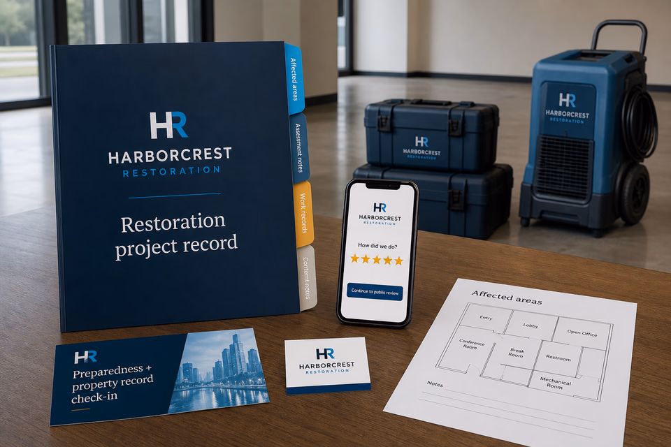Harborcrest Restoration retention system showing the customer journey and the team's next action