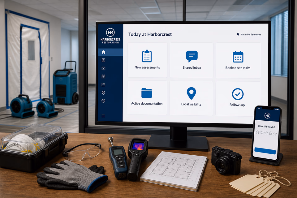 Harborcrest Restoration operations dashboard with current leads, scheduling, service activity, local visibility, and customer reviews