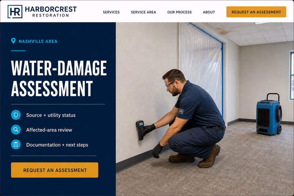 Harborcrest Restoration customer-facing service page with clear local service details, proof, and a direct request path