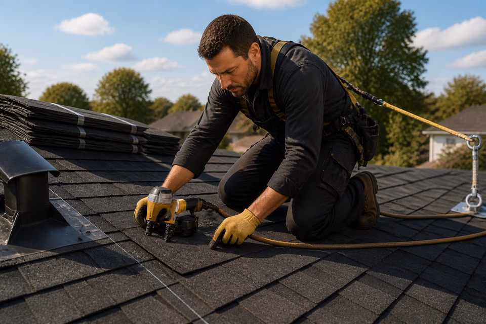 Roofer fastens charcoal shingles along a chalk line on a pitched roof.