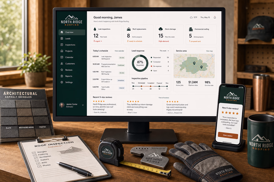 North Ridge Roofing operations dashboard with current leads, scheduling, service activity, local visibility, and customer reviews