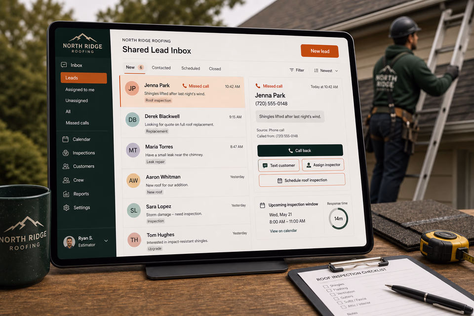 North Ridge Roofing response system showing the customer journey and the team's next action