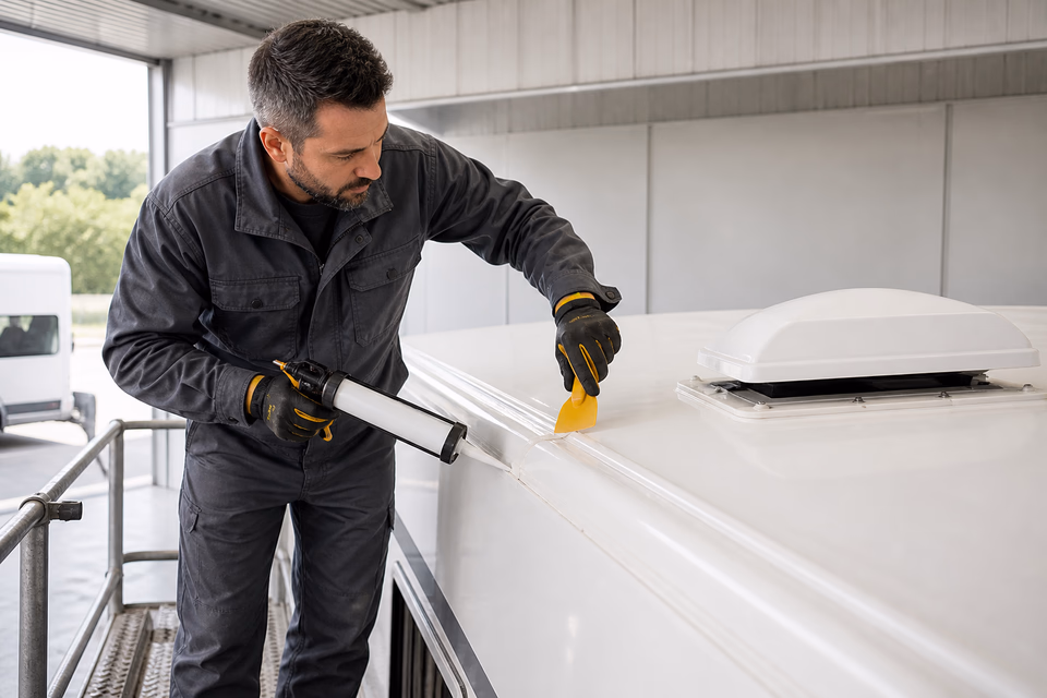 RV service technician resealing the roof edge beside a plain white vent cover