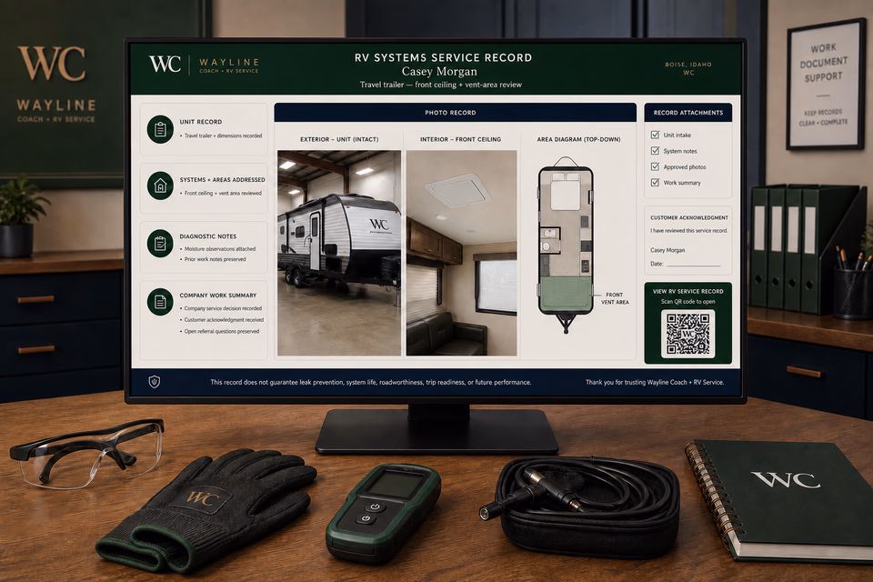 Wayline Coach + RV Service retention system showing the customer journey and the team's next action