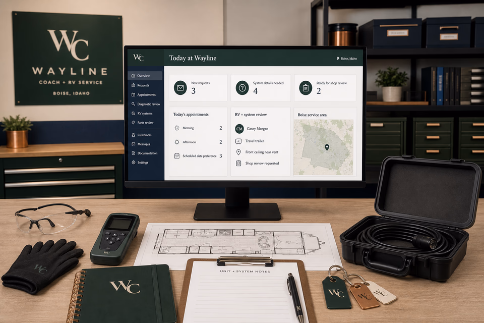 Wayline Coach + RV Service operations dashboard with current leads, scheduling, service activity, local visibility, and customer reviews