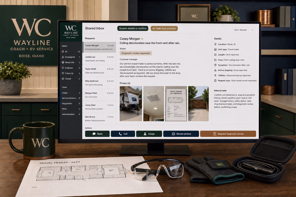 Wayline Coach + RV Service response system showing the customer journey and the team's next action