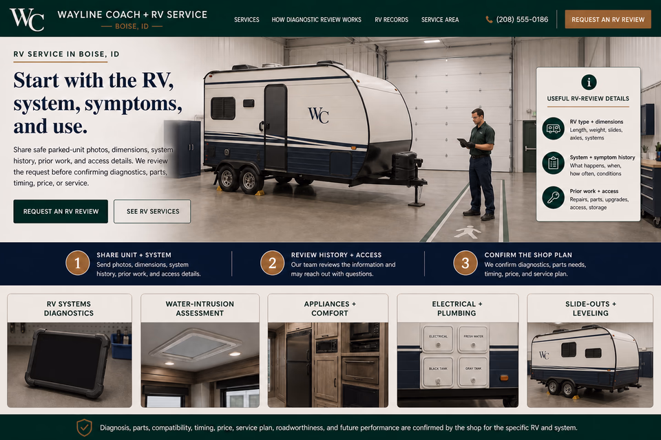 Wayline Coach + RV Service customer-facing service page with clear local service details, proof, and a direct request path