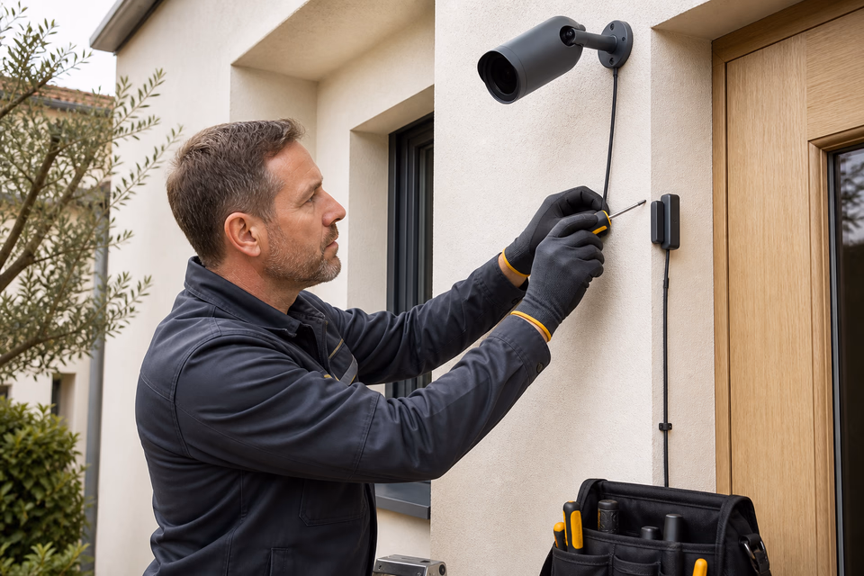 Security system technician mounting an exterior camera and door sensor on a residential entry