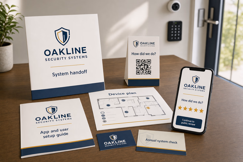 Oakline Security Systems retention system showing the customer journey and the team's next action
