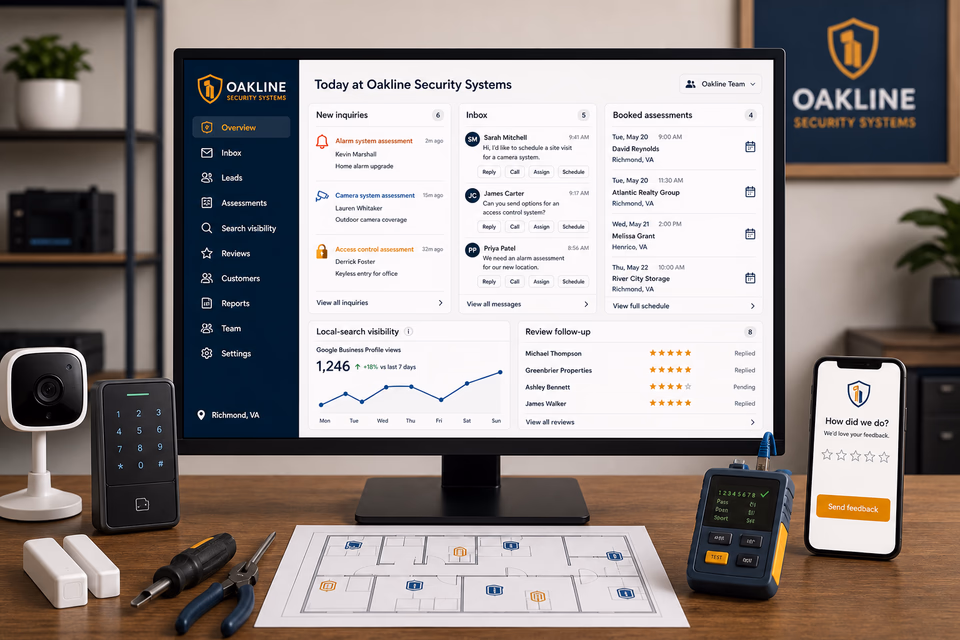 Oakline Security Systems operations dashboard with current leads, scheduling, service activity, local visibility, and customer reviews