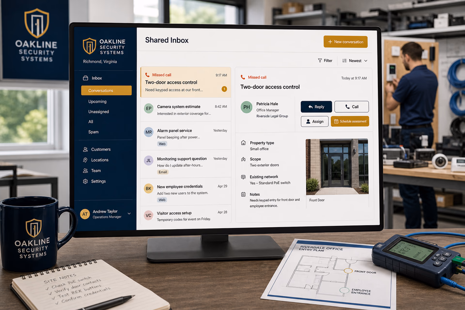 Oakline Security Systems response system showing the customer journey and the team's next action