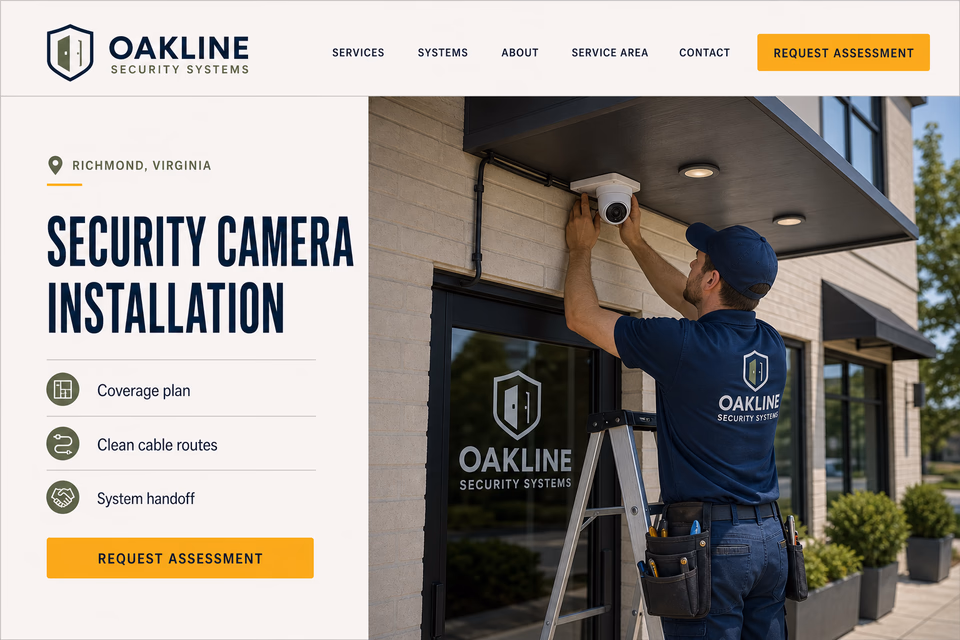 Oakline Security Systems customer-facing service page with clear local service details, proof, and a direct request path