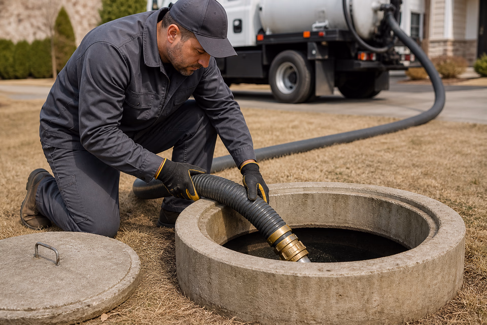 Septic technician guiding a vacuum hose into a residential concrete access riser