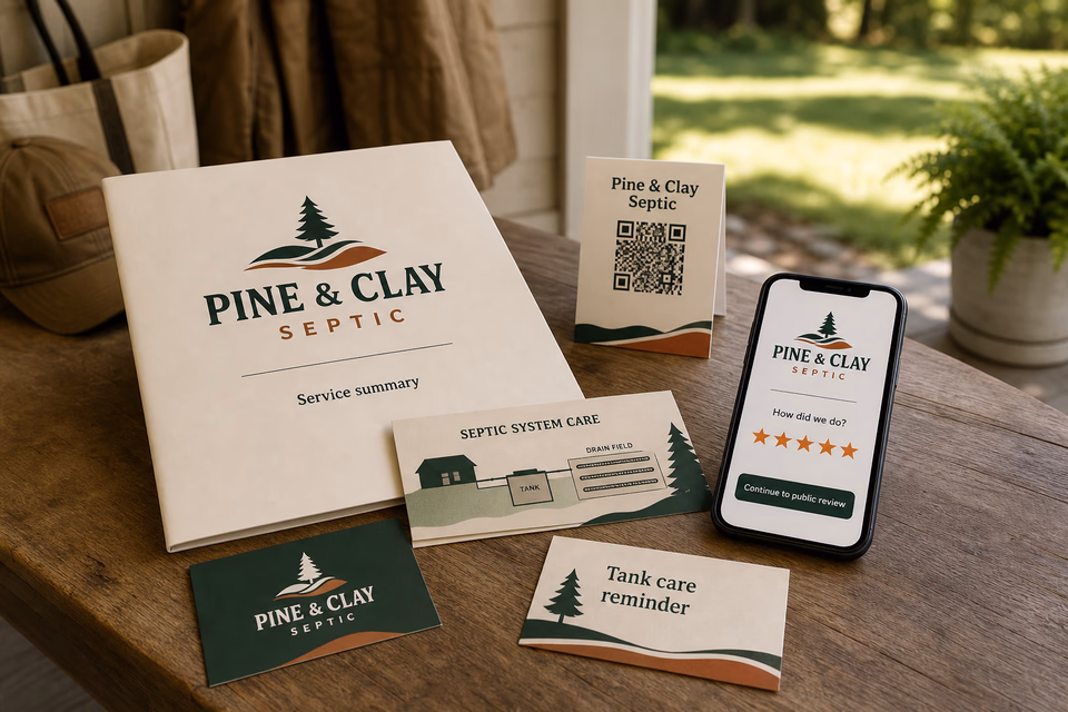 Pine & Clay Septic retention system showing the customer journey and the team's next action