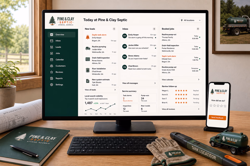 Pine & Clay Septic operations dashboard with current leads, scheduling, service activity, local visibility, and customer reviews