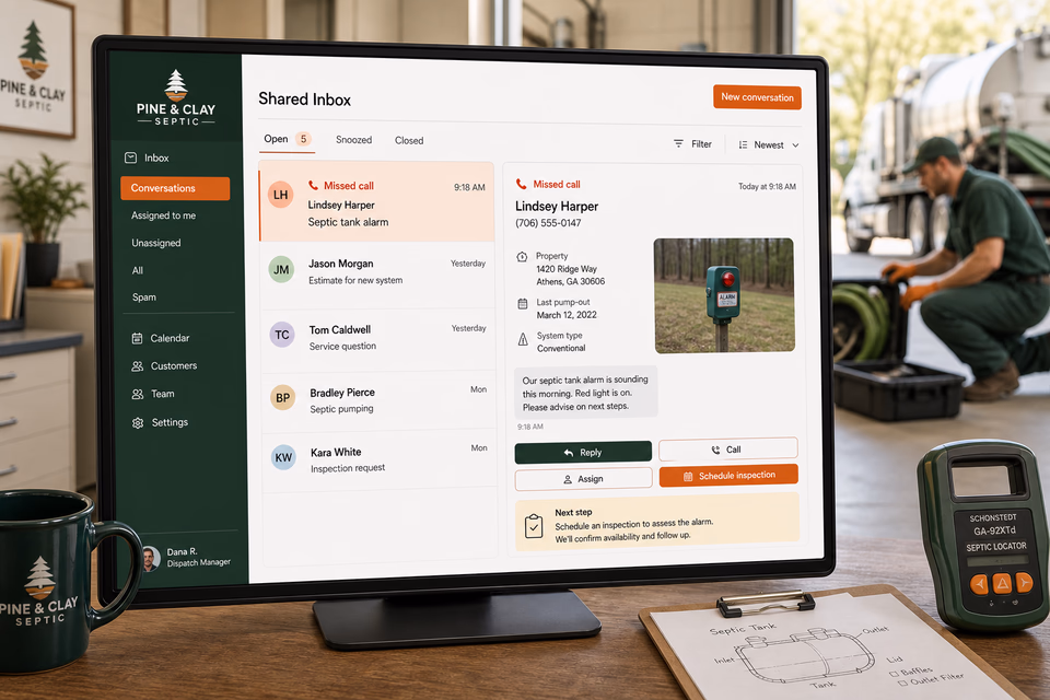 Pine & Clay Septic response system showing the customer journey and the team's next action