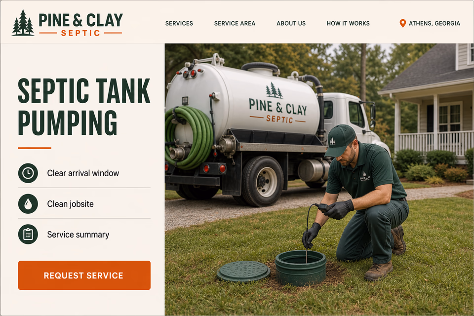 Pine & Clay Septic customer-facing service page with clear local service details, proof, and a direct request path