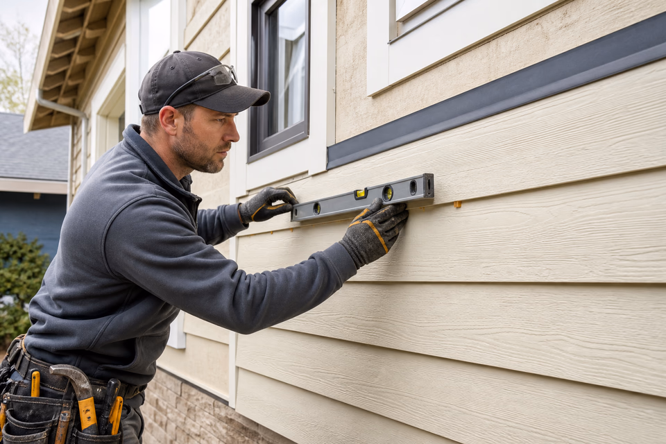 Siding installer leveling a warm cream fiber-cement lap board on a residential exterior