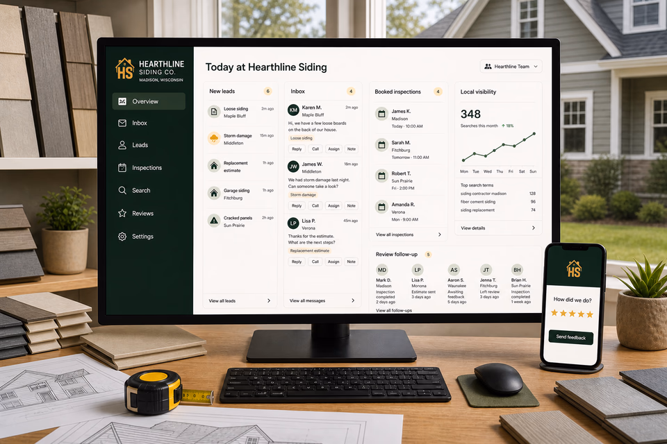 Hearthline Siding Co. operations dashboard with current leads, scheduling, service activity, local visibility, and customer reviews