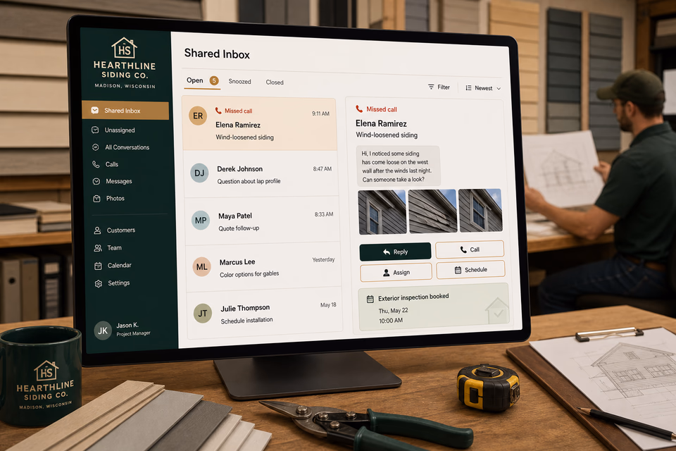 Hearthline Siding Co. response system showing the customer journey and the team's next action