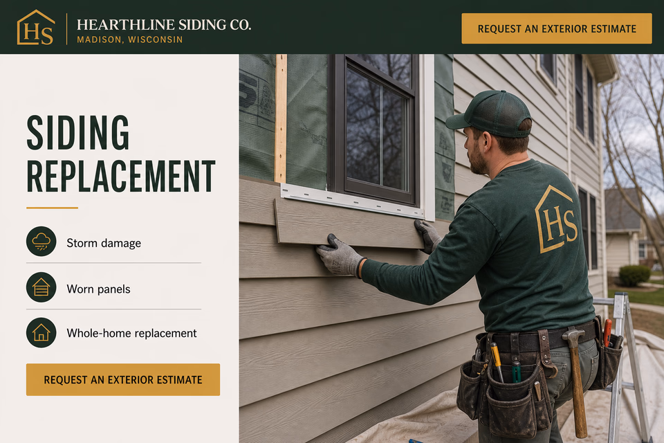 Hearthline Siding Co. customer-facing service page with clear local service details, proof, and a direct request path