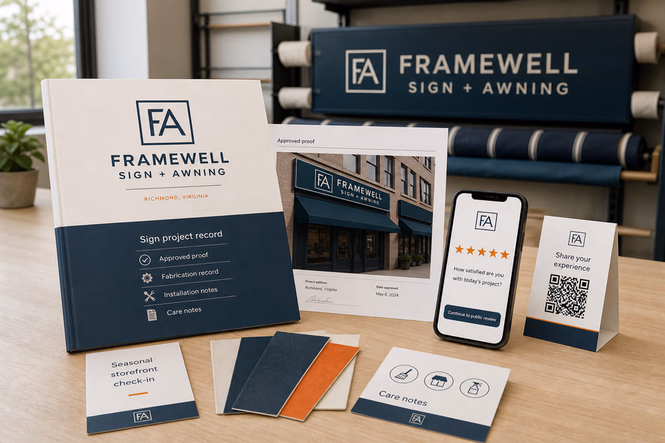 Framewell Sign + Awning retention system showing the customer journey and the team's next action
