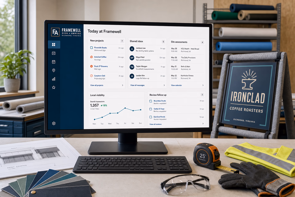 Framewell Sign + Awning operations dashboard with current leads, scheduling, service activity, local visibility, and customer reviews