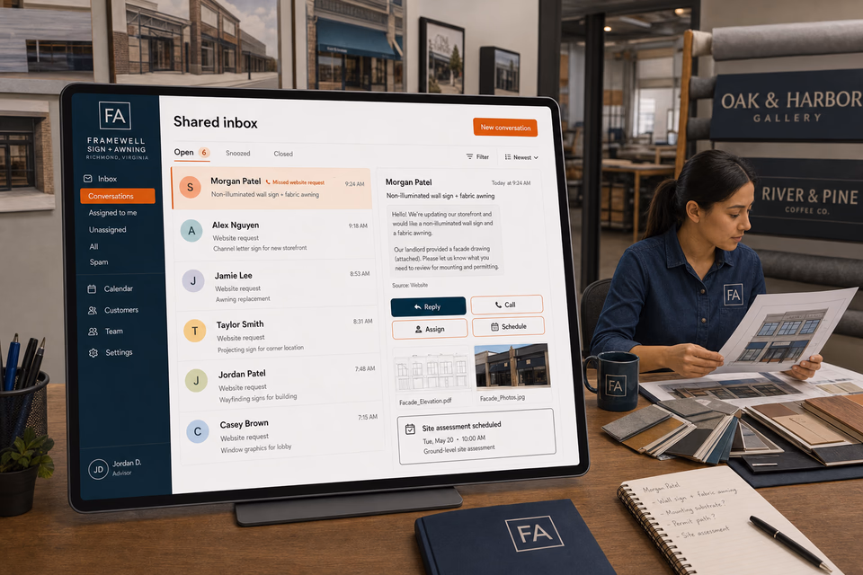 Framewell Sign + Awning response system showing the customer journey and the team's next action