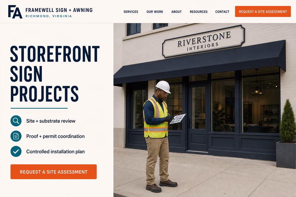 Framewell Sign + Awning customer-facing service page with clear local service details, proof, and a direct request path