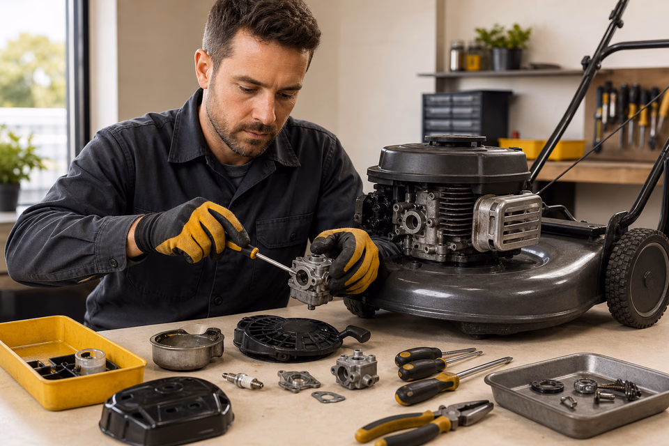 Small-engine mechanic rebuilding a mower carburetor on a tidy workshop bench